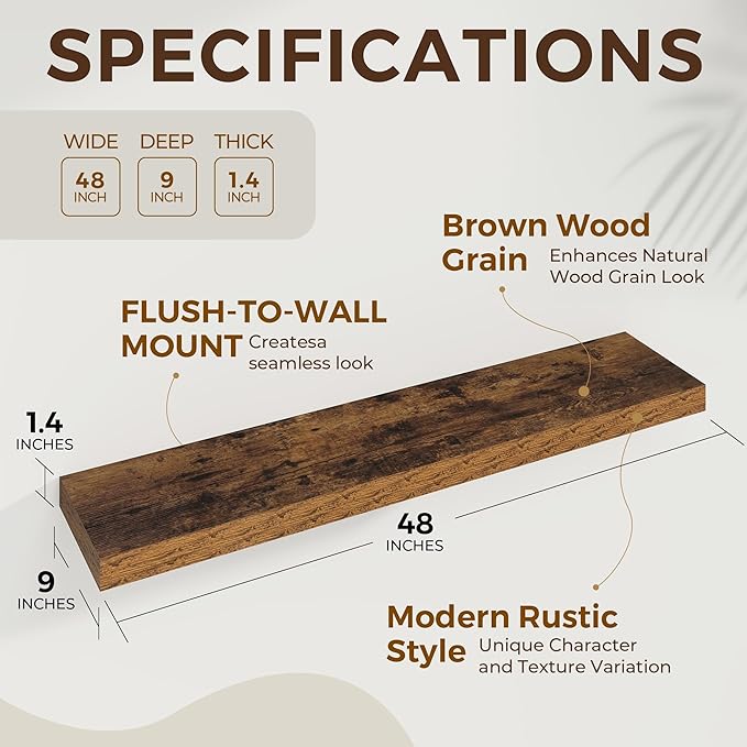 Dreamland 48 inch Floating Shelves for Wall Large Wall Mounted Shelves with Invisible Brackets, Brown Long Shelves for Bathroom, Living Room, Kitchen, Office, 48x9.1 inch deep Set of 2