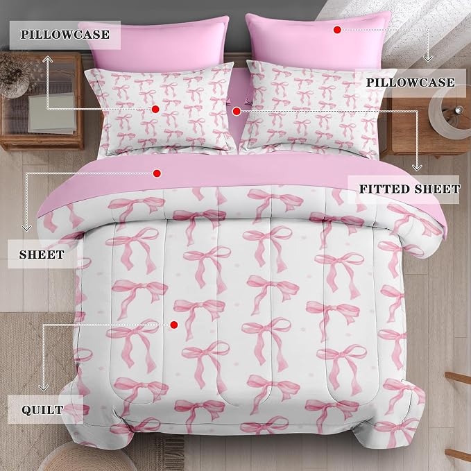 7Pcs Comforter Set Queen Size, Cute Coquette Pink Bow Bowknot, Bedding Decor Sweet Themed Elegant Girly Baby Bedroom Bed Set Flat Sheet Fitted Sheet Pillowcases Shams for Kids Adults