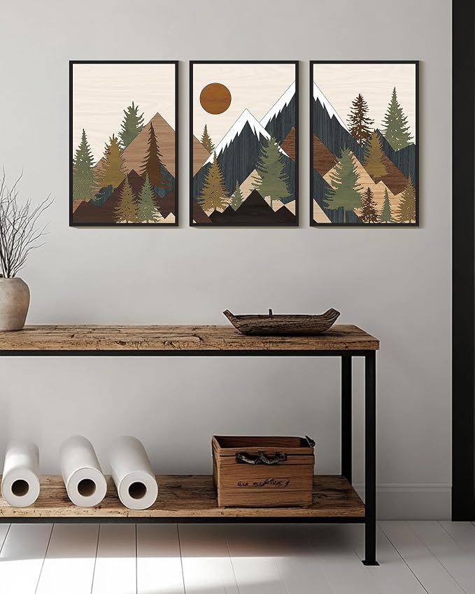 KUVIOKE Morden Mountains Framed Wall Art Boho Pine Tree Forest Nature Landscape Artwork Bohemain Farmhouse Rustic Bedroom Living Room Decor 16x24in (Black Framed)