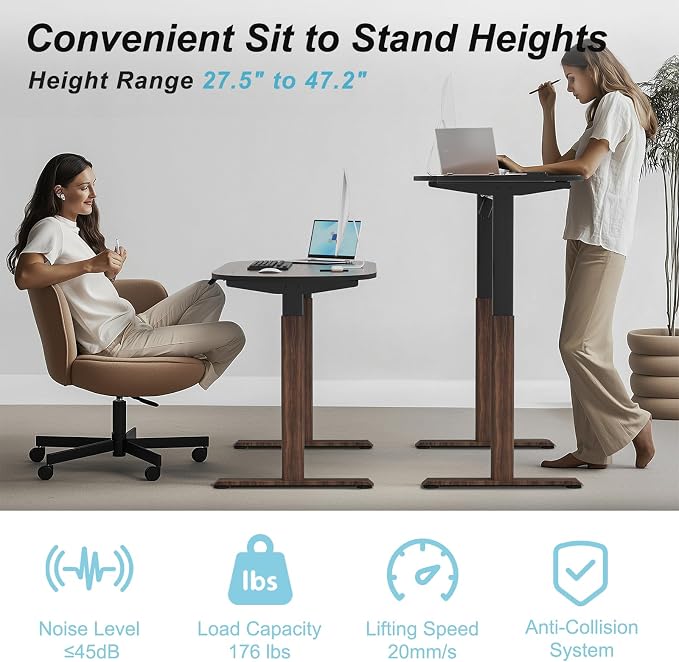 Electric Standing Desk 55x24, One-Piece Walnut Desktop, Height Adjustable Sit Stand Workstation with Quiet Motor & Memory Presets, Oval Leg Home Office Standing Desk, Anti-Collision, Minimalist Design