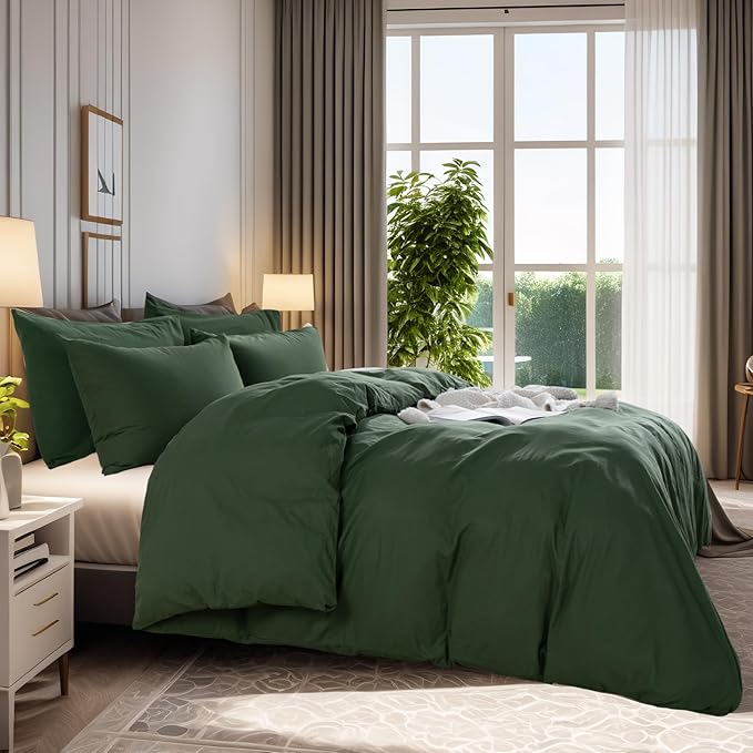 NEXHOME PRO Duvet Cover Set California King Linen Look Textured Organic Natural 100% Washed Cotton Duvet Cover 3 Pieces Bedding Set with Zipper Closure, Breathable, Forest Green (No Comforter)