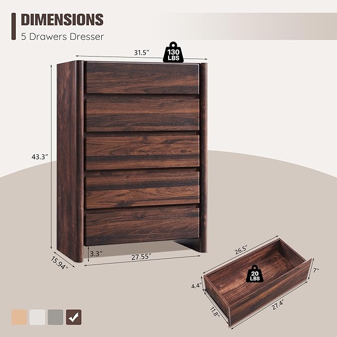 Modern 5 Drawers Dresser for Bedroom, 43" Tall Dresser & Chests of Drawers w/Rounded Corner, Wood Handleless Dresser w/Large Storage & Natural Texture for Bedroom, Living Room-Brown