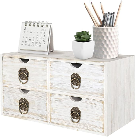 Wood Desk Organizer, White Wooden Desktop Organizer with Drawer, Tabletop Storage Organization Box for Countertop, Home Office Supplies Bills, 13.5x6.6x7.09 Inch(4 Drawer)