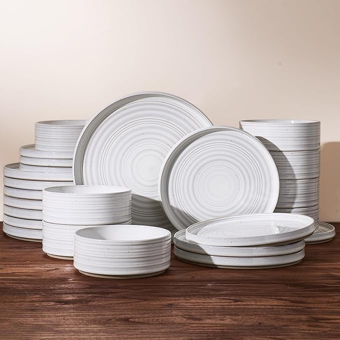 Stoneware Dinnerware Set, Highly Chip & Scratch Resistant Everyday Plates and Bowls for 8 (24pcs), Reactive Glaze Speckled Ceramic Straight Dishes with Gift Box, Microwave Dishwasher Safe, White