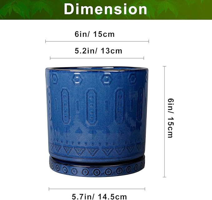 Eightpot 6 Inch Plant Pot - Ceramic Planter for Outdoor Plants Indoor Plant Pot with Drainage Holes and Saucer Succulent Pot Modern Round Flower Pot for House Room Decor Blue