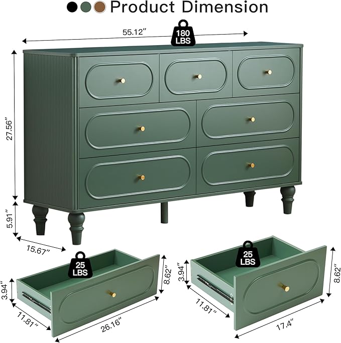 ORRD Fluted 7 Drawer Dresser for Bedroom, Mid Century Modern Chest of Drawers, Wood Storage Large Dresser Organizer for Bedroom Living Room Hallway Closet, Green