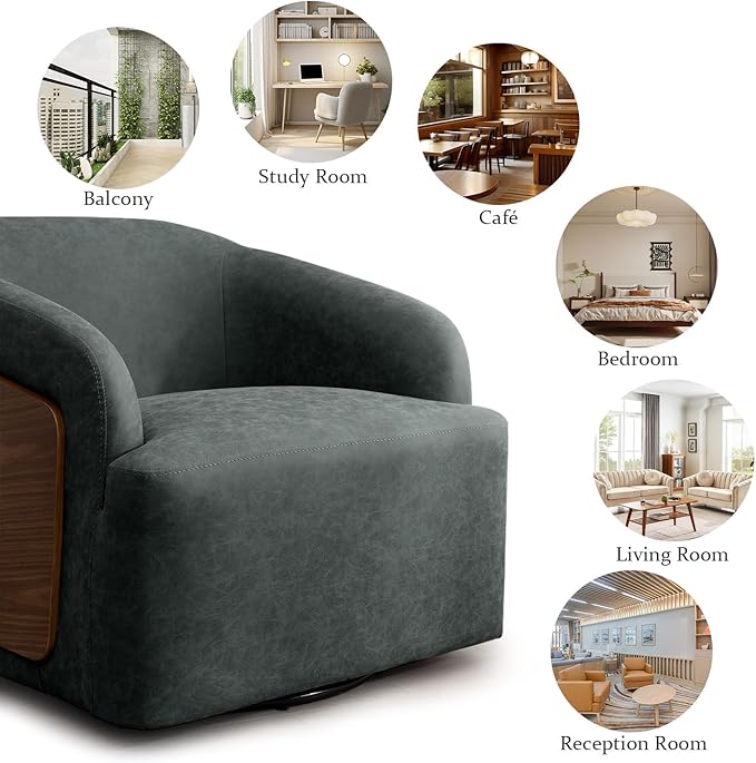 Swivel Accent Chair Faux Leather Swivel Barrel Chair Comfortable Mid Century Modern Chair Upholstered Metal Base Armchair for Living Room Bedroom Office Large Vintage Blue