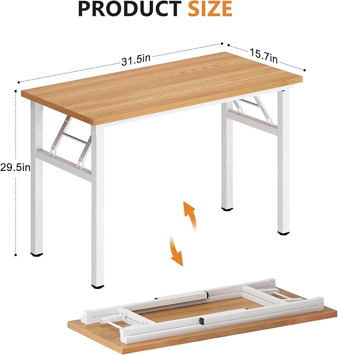 DlandHome Folding Desk Small Desk 31.5 inches Computer Desk for Home Office Folding Table Writing Table for Small Spaces No Assembly Required Teak & White Frame