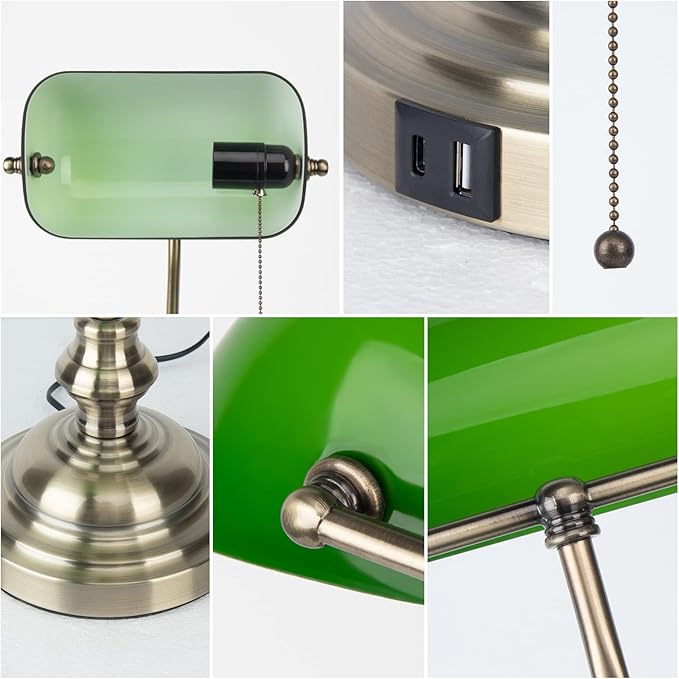 Green Bankers Lamp with Pull Switch, Retro Desk Lamp with USB & Type C Charging Ports, Antique Library Lamp for Home Office, Library, Study Room