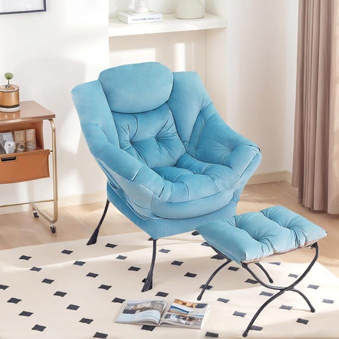 Tiita Lazy Chair with Ottoman, Blue Chiars Modern Large Accent Armchair, Comfy Leisure Sofa Reading Chair with Footrest for Bedroom, Living Room, Dorm Rooms, Garden, Velvet Light Blue