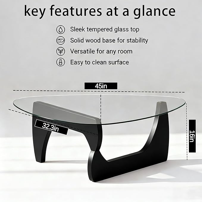 Coffee Table for Living Room, 44.9″D×32.3″W×15.8″H Modern Glass Coffee Table & Wooden Base, Unique Center Tables for Apartment, Small Spaces, Office