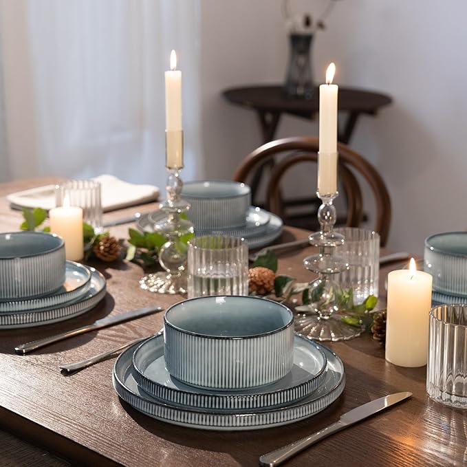 famiware Star Dinnerware Sets, Plates and Bowls Set for 4, 12 Pieces Ribbed Dishes - Chip and Scratch Resistant, Microwave and Dishwasher Safe Tableware, Smoky Blue