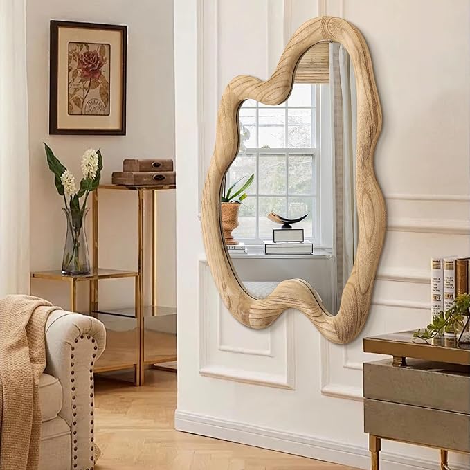 AAZZKANG Large Rustic Wall Mirror with Wooden Frame Irregular Wall Mirror 32"x24" Decorative Asymmetrical Hanging Mirror for Bathroom Bedroom Living Room Entryway