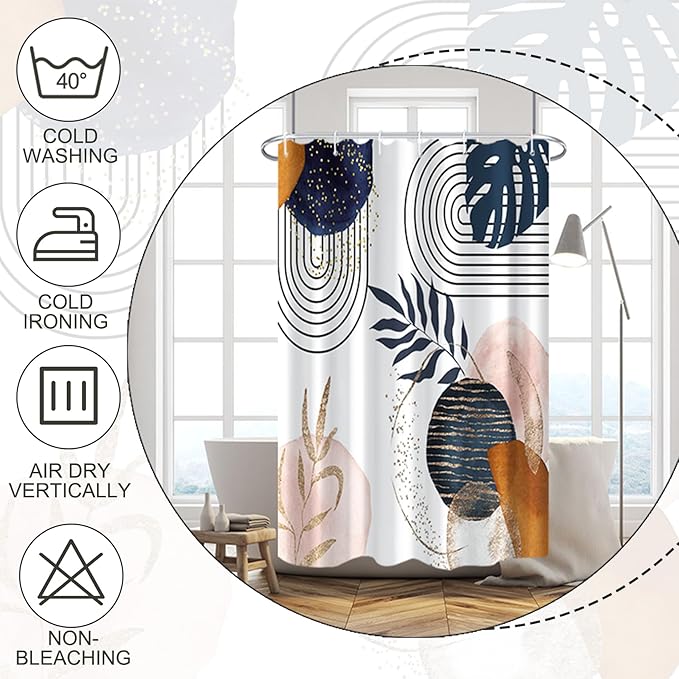 Baocicco Boho Shower Curtain Mid Century Navy Blue Gold Plant Leaves Modern Abstract Minimalist Shower Curtains Decorative for Bathroom Waterproof Fabric Shower Curtain with Hooks 36x72 Inches