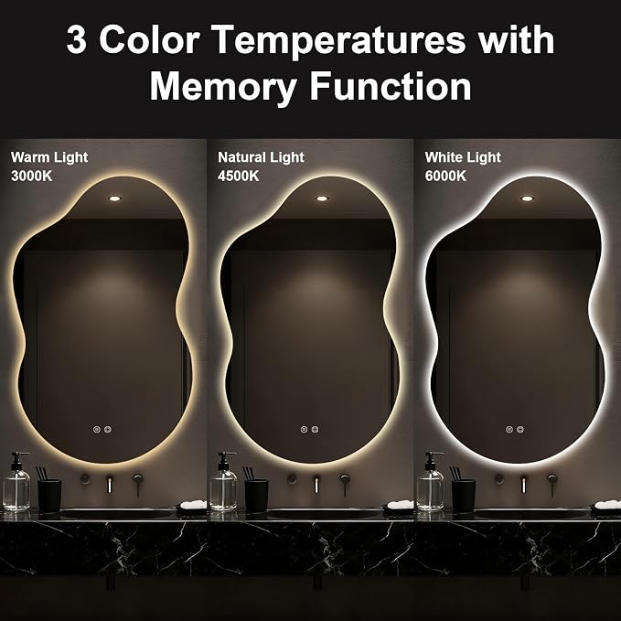 Asymmetrical Lighted Mirror for Bathroom,Modern LED Vanity Mirror with Backlit,Fog-Free,Tri-Color Dimmable Lighting with Memory Function,Hardwire Ready [Horizontal/Vertical] 48" H x 30" W