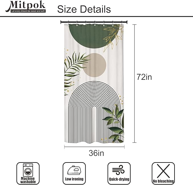Small Stall RV Shower Curtain 36Wx72H Half Single Green Modern Boho Mid Century Abstract Gold Leave Grey Plant Bathroom Decor Minimalist Arch Aesthetic Bath Curtain Polyester 7 Pack Hooks