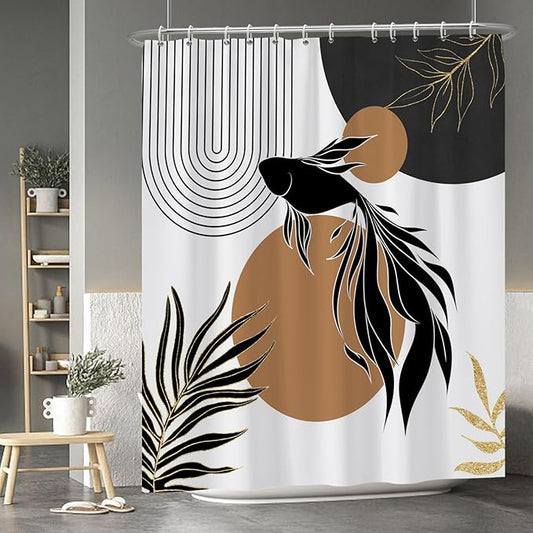Baocicoo Boho Abstract Goldfish Shower Curtain Simple Geometric Line Aesthetic Minimalist Modern Neutral Shower Curtain for Bathroom Fabric Waterproof Durable Bath Curtain with Hooks 72x84 Inches