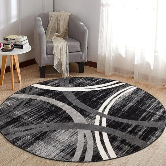 Rugshop Modern Wavy Circles Design Round Rug, Non-Shedding Carpet for Living Room, Dining Room, or Breakfast Nook, Black, 6'6" Round