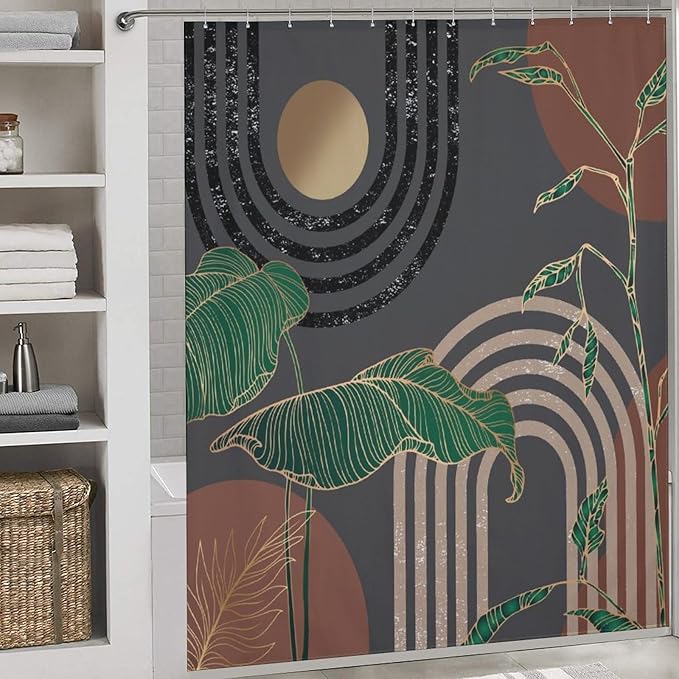 Boho Mid Century Shower Curtain,Retro Abstract Minimalist Tropical Modern Bathroom Curtain Polyester Waterproof Fabric Decor 72x72in（183x183cm）
