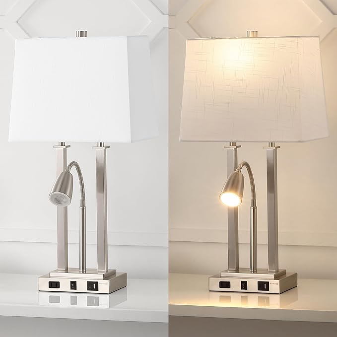 JONATHAN Y 23.75" Nickel 2-Light Modern Farmhouse LED Table Lamp with USB, White Linen Shade, AC Outlet, Adjustable Reading Light for Bedside Nightstand and Living Room (JYL1144C)