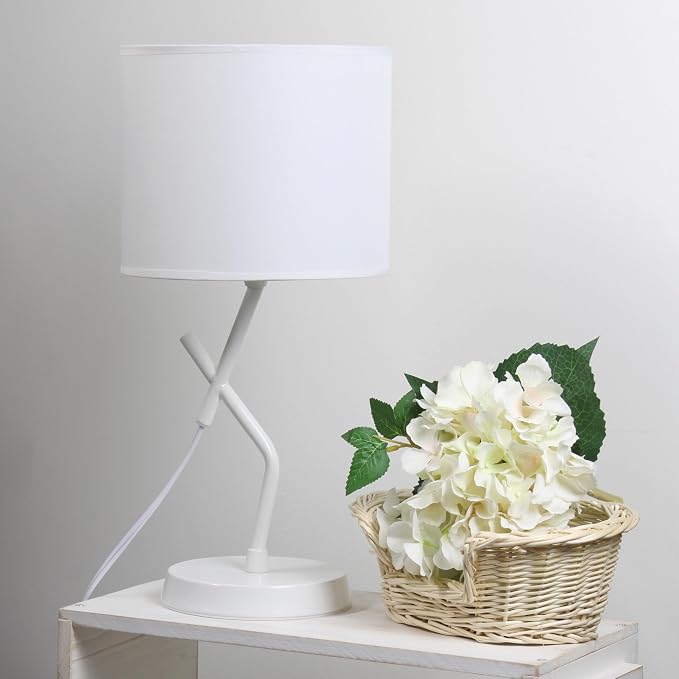Simple Designs LT1172-WHT 17.13" Metal and Modern Abstract Table Lamp with Drum Fabric Shade, Bedroom, Office, Living Room, Dorm, Side Table, White