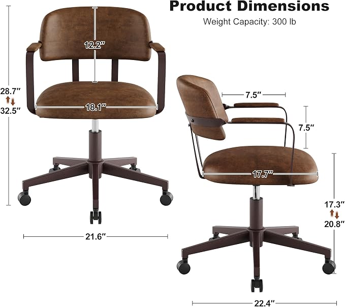 Home Office Desk Chair, Mid-Century Modern Desk Chair with Padded Arms, Adjustable Seat Height, Mid Back 360° Small Computer Chair with Mobile Mute Wheel, PU Leather (Brown,2BOX)