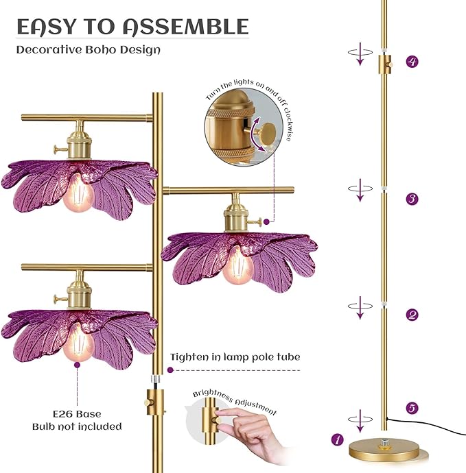 Dimmable tall floor lamp for Living Room 65" mid century modern floor lamp ,3 Lights Gold Standing Lamps vintage floor lamps Purple glass Flower floor light for Bedroom corner Study Office Home