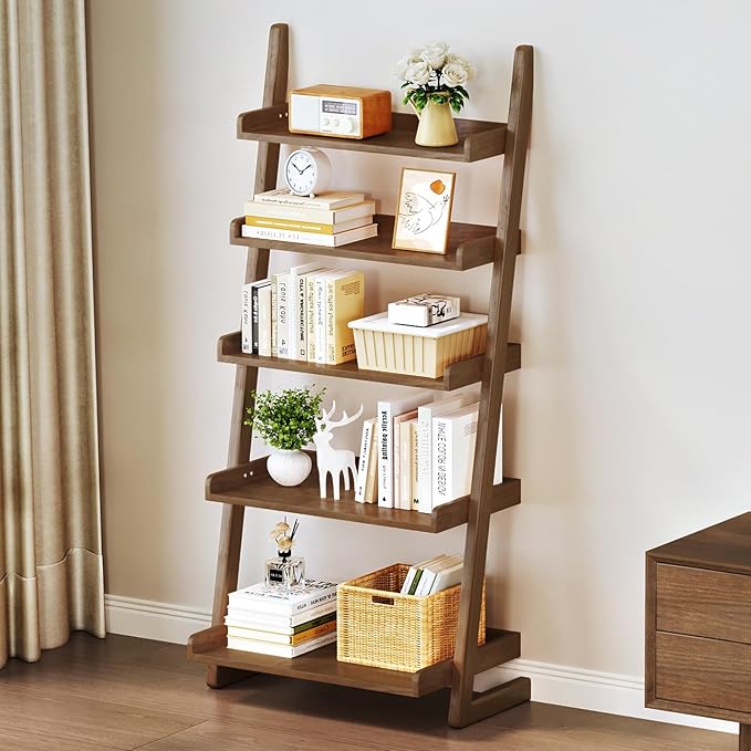 Uniclinens Walnut Wooden Ladder Shelf, 5-Tier Leaning Bookshelf, Ladder Bookshelf for Compact Spaces, Leaning Bookcase for Living Room, Bedroom, Home Office