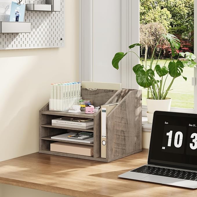 CHOEZON Wooden Desk Organizer with Adjustable Partitions, Multi-Layer Desktop File Holder for Home Office, Paper & Stationery Storage Organizer, Greige MWJ04FH