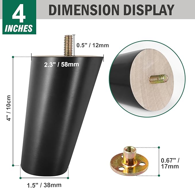 FoDau770 Black Rubber Wood Furniture Legs 4 Inches, Slant Tapered Wood Feet Mid Century Sofa Legs Set of 8, 5/16" UNC Furniture Feet Replacement Parts for Cabinet Couch Dresser Chair Ottoman Table