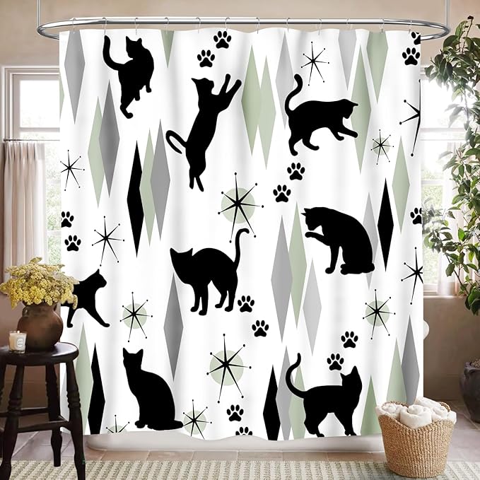Mid Century Modern Shower Curtain for Bathroom, Rustic Abstract Geometric Black Cat Atomic Green Kittey Retro 1950s 1960s Waterproof Fabric Shower Curtain Set with Hooks, 72"x78"