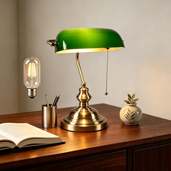 FIRVRE Bankers Desk Lamp, Green Glass Shade, Antique Desk Lamps with Brass Base, Vintage Library Lamp with Pull Chain, Retro Table Lamps for Home Office, Study Room (LED Bulb Included)