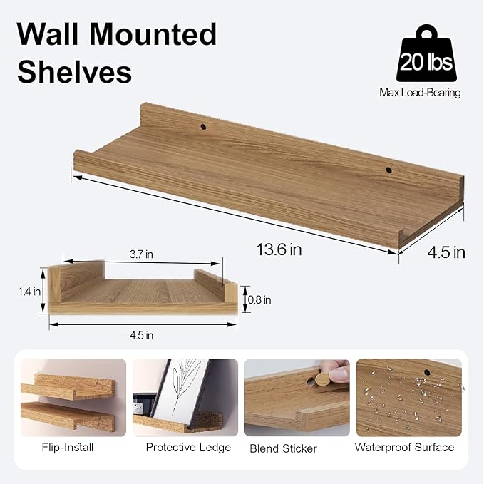 Floating Shelves for Wall Decor, Wall Mounted Wood Storage Shelf for Bedroom, Living Room, Bathroom, Kitchen, Nursery, Display Picture Ledge Shelf with Lip Set of 2-14 Inches, Oak