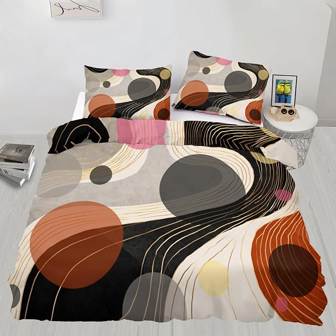 Geometric Abstract Duvet Cover Full Size for Teen Women Adult, Modern Geometric Line Bedding Set 3 Piece, Minimalist Mid Century Circle Patterned Comforter Cover with Zipper, 2 Pillowcases
