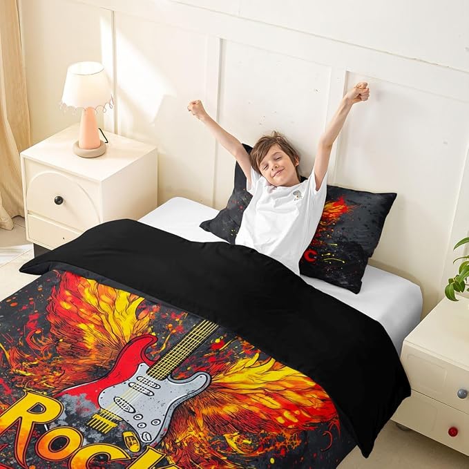 Erosebridal Rock Music Bedding Set Twin for Boys Men - Rock Roll Electric Guitar Duvet Cover Vintage Cool Flame Wings Guitar Comforter Cover,Trendy Punk Music Bed Set