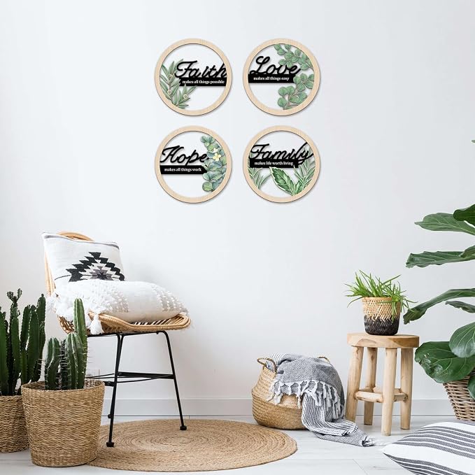 TOARTi Bohemian Inspirational Wooden Hanging Signs Sage Green Botanical Wall Art for Bedroom Living Room Eucalyptus Faith Hope Love Family Positive Affirmations Wall Decor Hollow Boho Minimalist Wood Plaques