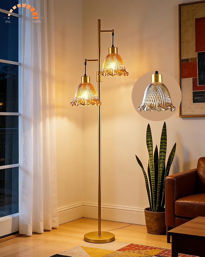 2-Light Modern Glass Floor Lamp, Gold Tall Standing Lamp with Amber Bell Glass Shade for Reading, Dimmable LED Floor Lamp with 5Lbs Heavy Base for Living Room Bedroom Home Decor, Bulb Included