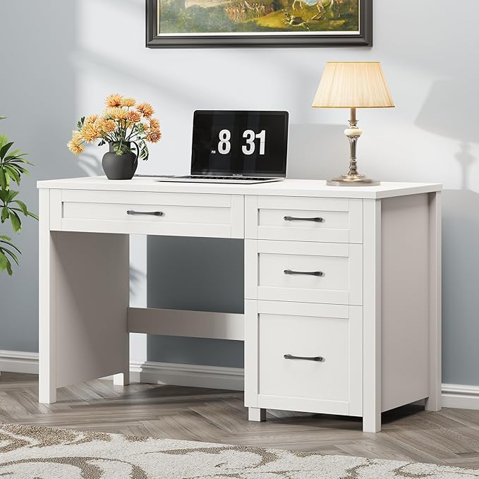 Farmhouse 47" Executive Desk, Computer Desk with File Drawer and Charging Station, Workstation for Home Office, Study(Cream White)