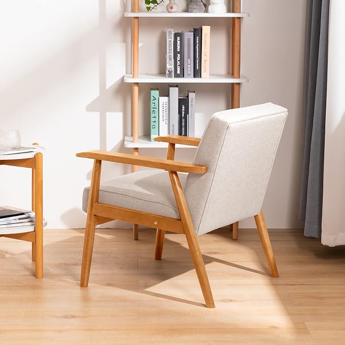 UNICOO® Mid-Century Retro Modern Accent Chairs, Solid Wood Armrest Lounge, Upholstered Mid Century Modern Chair, Walnut Finish with Innerspring Seat Cushion, Linen-Look Fabric(U205-Beige)