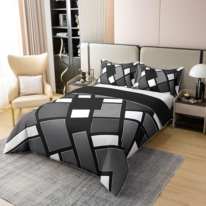 Erosebridal Black Gray Geometric 100% Cotton Duvet Cover Twin Plaid Abstract Art Bedding Set for Kids Teens Adults Black Checkered Striped Comforter Cover Grids Modern Artistic Bed Set 2 Pcs