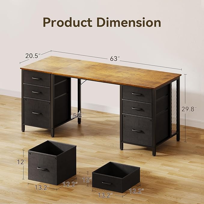 ODK 63 inch Computer Desk with File Drawers Cabinet, Modern Office Desk with Large Storage for Home Office, Study, Gaming, Vintage