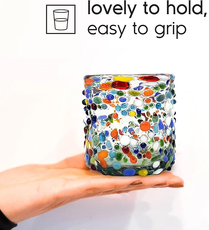 Confetti Rocks 8 oz DOF Glasses (set of 6) Mexican Handmade Multicolor Glassware, Recycled Glass, Lead-free, Toxin-Free (DOF Rocks)