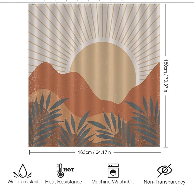 Mid Century Boho Sunset Shower Curtains Vintage Farmhouse Abstract Plant Mountain Sunset Washable Waterproof Fabric for Bathroom Decor Bathtub with 12 Hooks 66x72in（168x183cm）