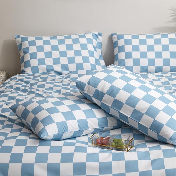 Pureant Blue and White Plaid Comforter Set Full Blue Checkerboard Grid Bedding Comforter Sets Blue Buffalo Grid Full Comforter for Women Men Soft Checkered Geomertic Full Size Comforter Sets