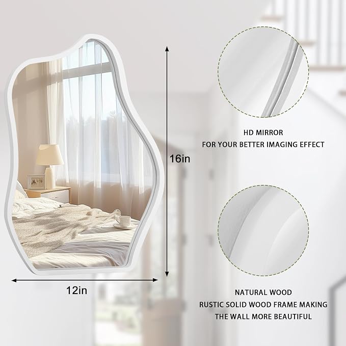 Wood Frame Hanging Mirror Asymmetrical Irregular Wall Mirror Unique Shape Modern Mirror Artistic Cloud Decorative Mirror for Living Room Bedroom Vanity Bathroom Entryway Hallway White