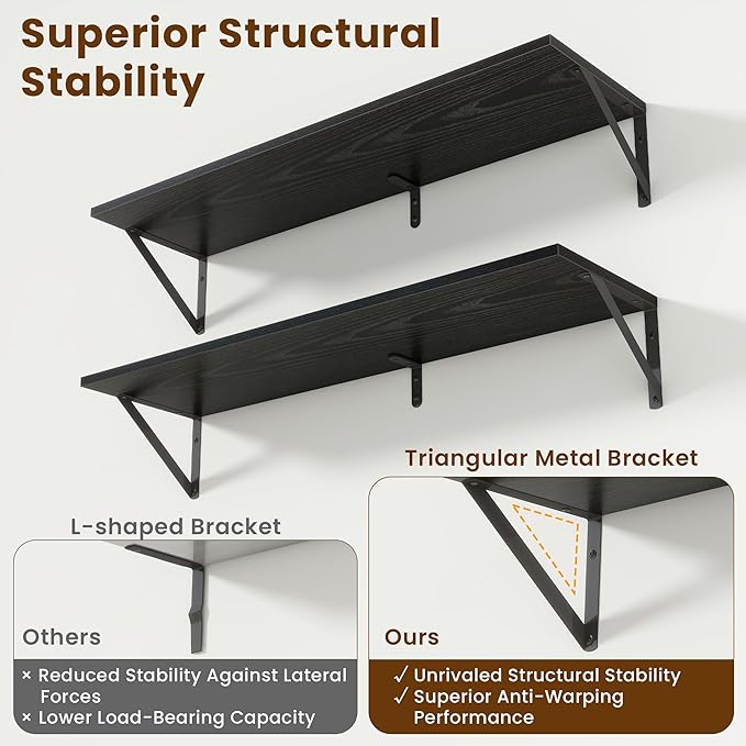 Floating Shelves for Wall,48" Wx8 D Wood Wall Shelves,Hanging Storage Floating Shelf with Metal Brackets,Wide Floating Bookshelf for Living Room,Office,Bedroom,Bathroom,Set of 2,Black