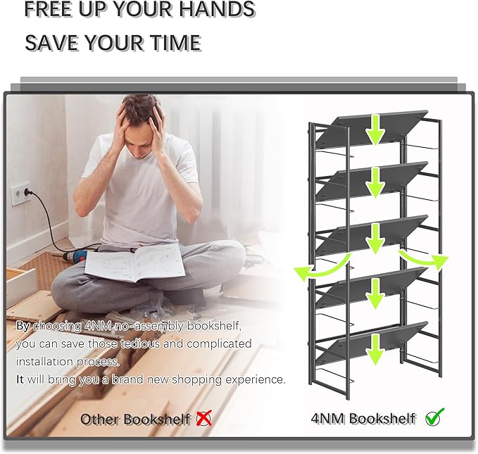 4NM No Assembly 5 Tiers Collapsible Book Shelves, 51.2" H Folding Bookshelf Bookcase Open Industrial Foldable Shelves for Bedroom, Living Room, Home Office - All Black