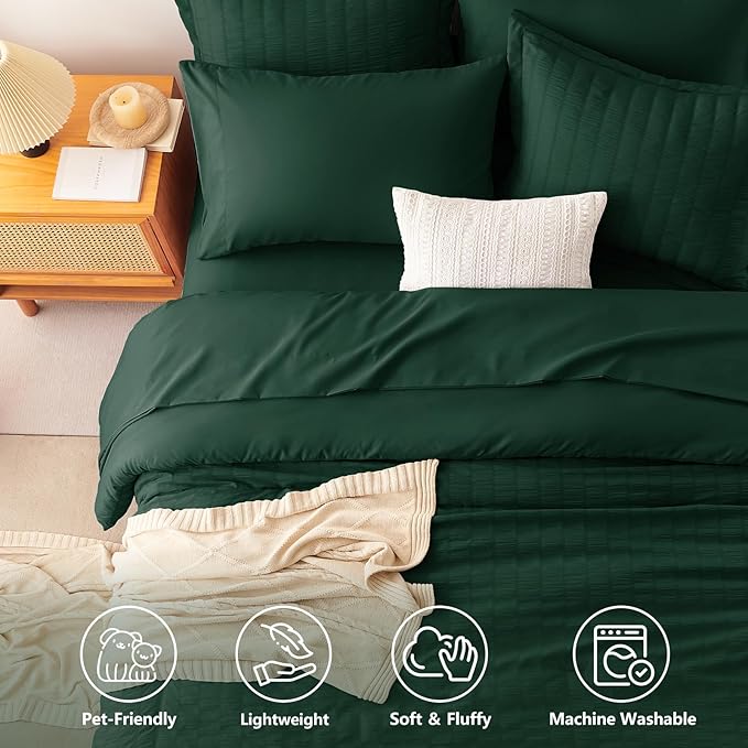 CozyLux Oversized King Comforter Set with Sheets, 7 Pieces 120"x98" Emerald Green Seersucker Bed in a Bag, Luxury Bedding Sets with Down Alternative Comforter, Sheets, Pillowcases & Shams, Home Gift
