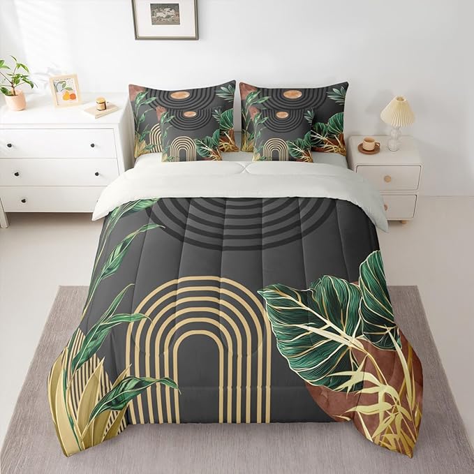 Erosebridal Mid Century Bed in A Bag 7 Pcs Brown Black Boho Geometric Comforter Set for Women Men Tropical Modern Palm Leaf Bedding Sets King Abstract Bohemian Aesthetic Sheet Set with Comforter