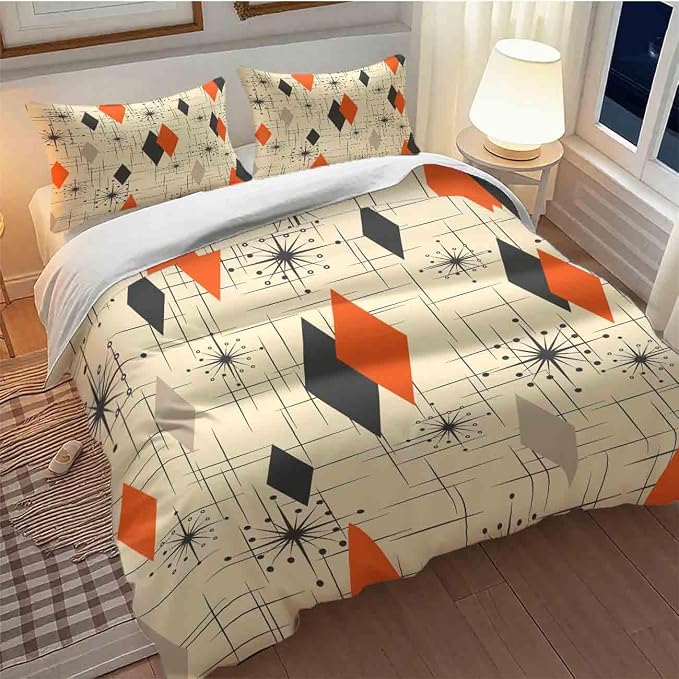 Mid Century Bedding Set,Retro Starbursts Abstract Orange Black Geometric Minimalist 1950s 60s Pattern Comforter Set with Pillowcase for Bedroom Bed Decor,Queen 90"x90"
